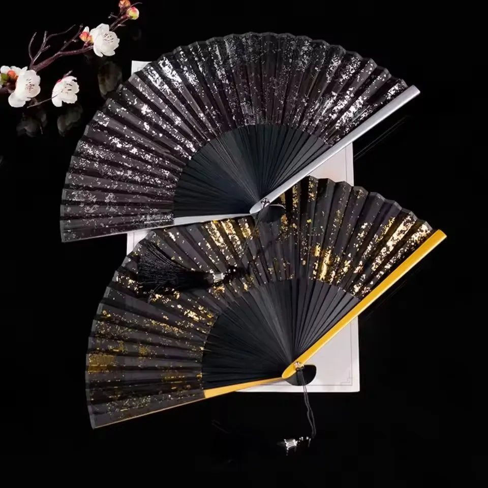 Black Folding Fan Silk Fabric Craft Fans Baking Gold Stamping Fan Classical Hand Fans Weddings Chinese Luxury Fan Wall Decor