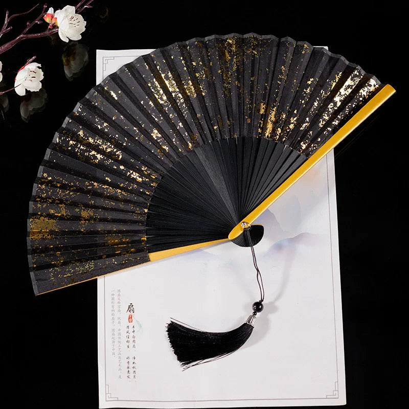 Black Folding Fan Silk Fabric Craft Fans Baking Gold Stamping Fan Classical Hand Fans Weddings Chinese Luxury Fan Wall Decor