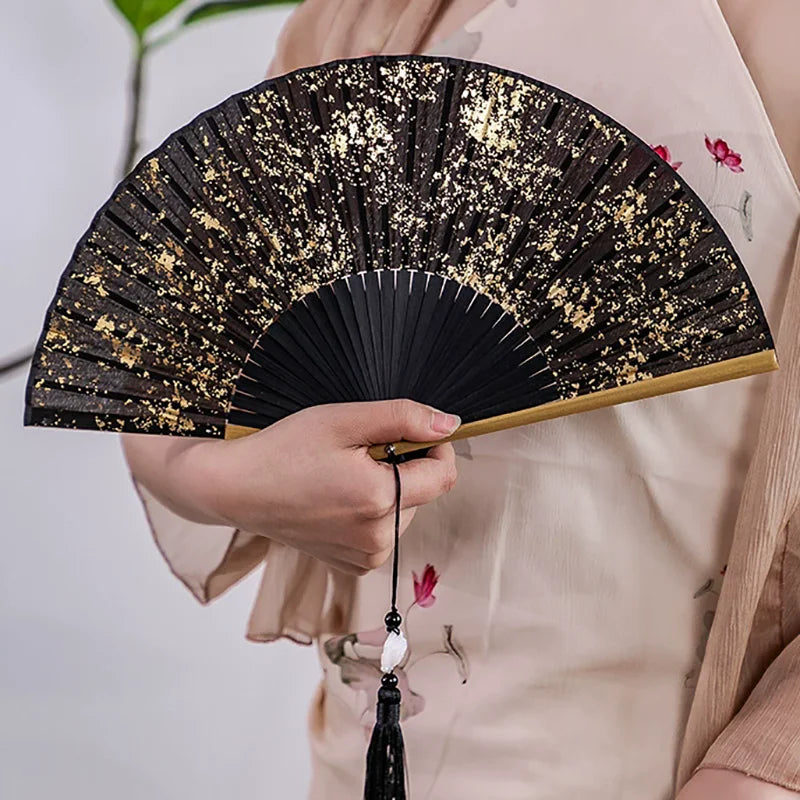 Black Folding Fan Silk Fabric Craft Fans Baking Gold Stamping Fan Classical Hand Fans Weddings Chinese Luxury Fan Wall Decor